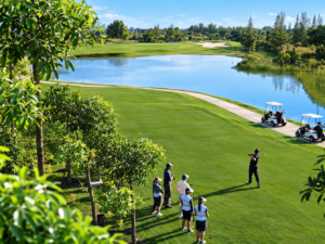 North Hill Golf Chiang Mai course with a lake, golfers and golf carts