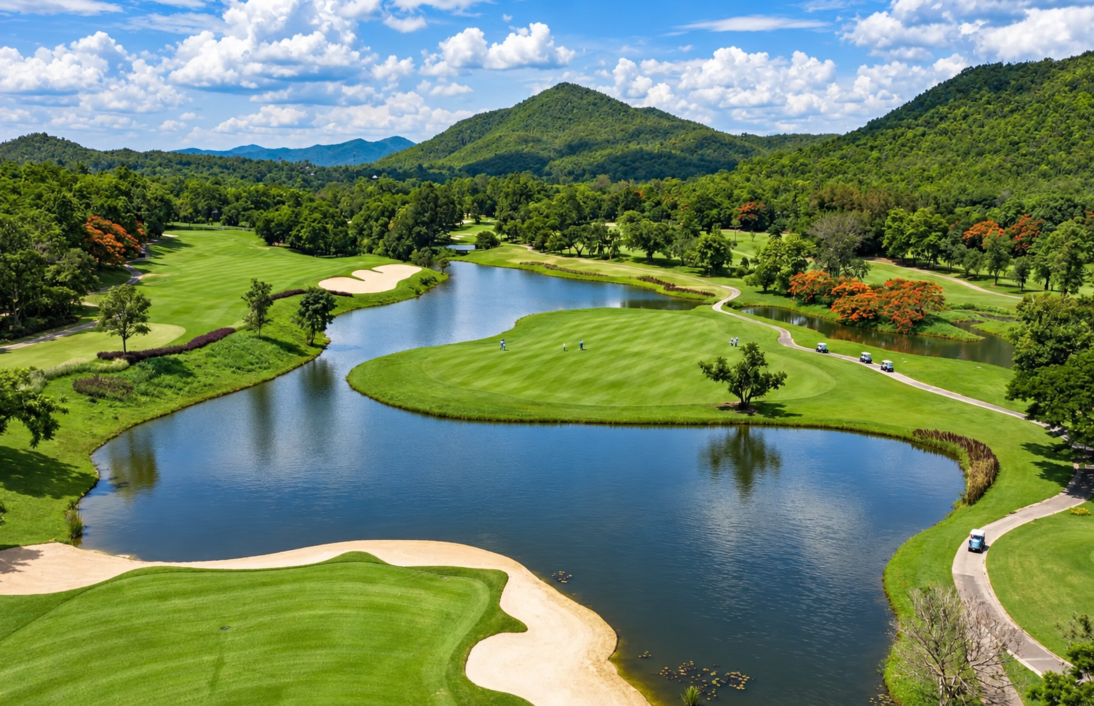 Alpine Chiang Mai Golf course with lake, greens and mountain views